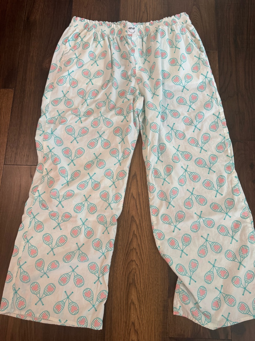 aerie White Pajama Pants with Teal and Coral Racket Print